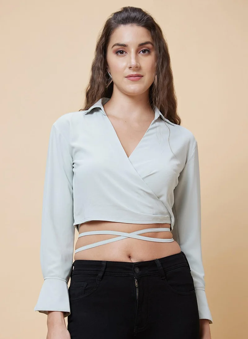 globus Globus Women Shirt Collar Waist Tie-Up Wrap Crop Top